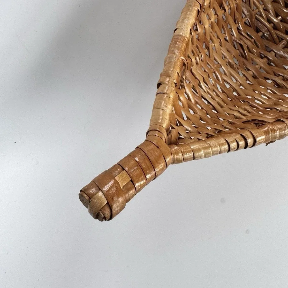 Vtg MCM Woven Basket Gondola Pea Pod Basket Footed Wicker Madeira Signed Boho